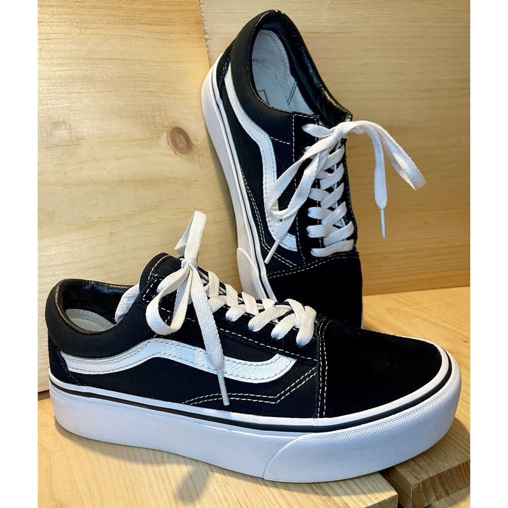 Vans SZ5 Men SZ6.5 Women Skool Stack form Shoes Suede Canvas Blk True White